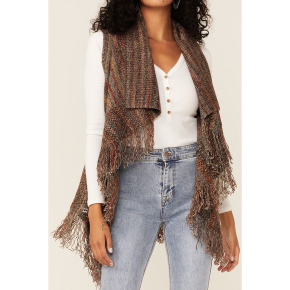 Shyanne Charcoal Marled Sleeveless Sweater Fringe Vest Women Size M Boho Western - Picture 14 of 16